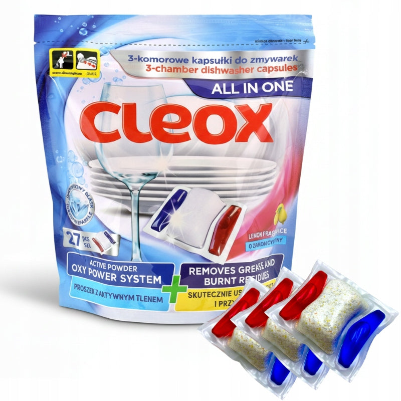 Kapsułki do Zmywarki z Aktywnym Tlenem 27 szt. dla Czystości Naczyń CLEOX -