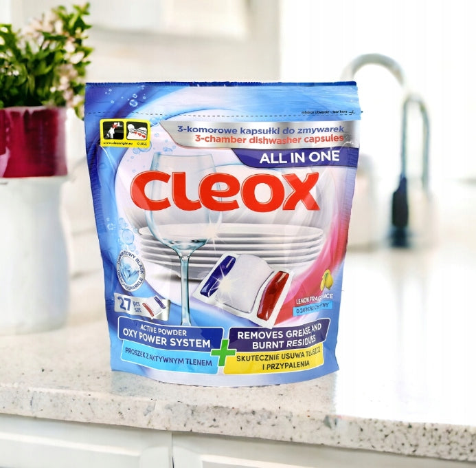 Kapsułki do Zmywarki z Aktywnym Tlenem 27 szt. dla Czystości Naczyń CLEOX -