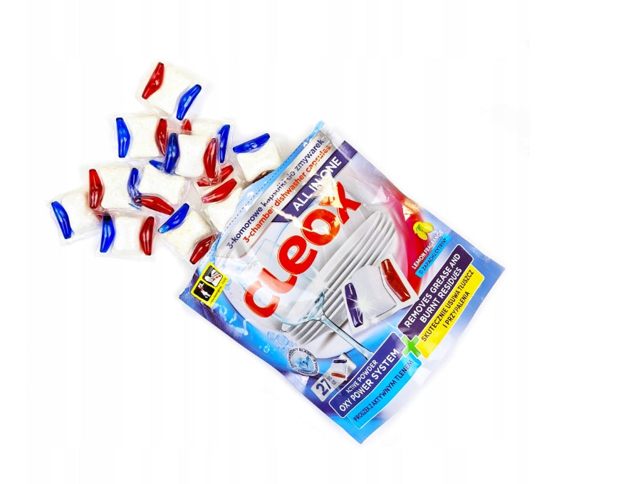 Kapsułki do Zmywarki z Aktywnym Tlenem 27 szt. dla Czystości Naczyń CLEOX -